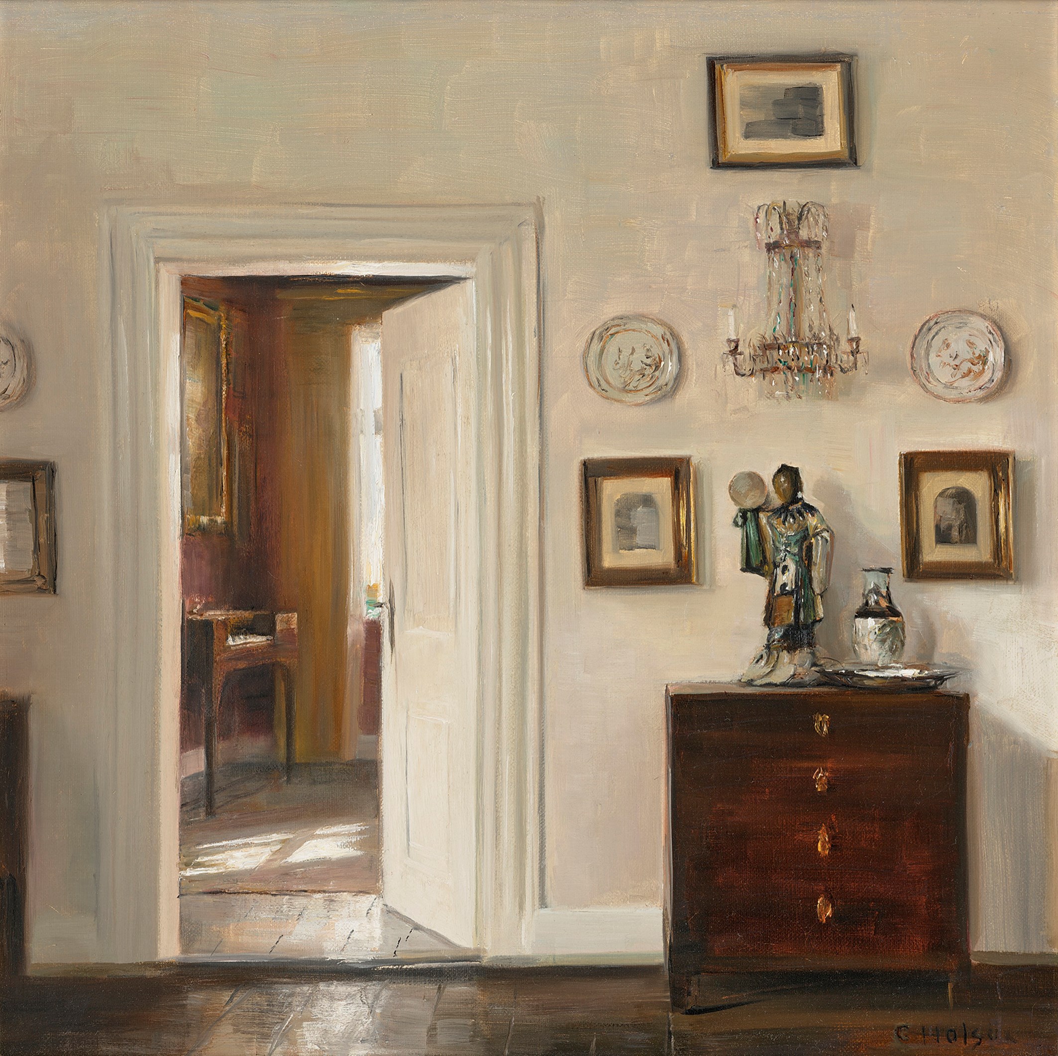 Interior from the artist’s home with a view through an open door.  Sunlight on the floor